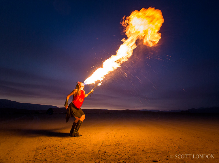 Jex blowing fire at Burning Man 2013 (Photo by Scott London)