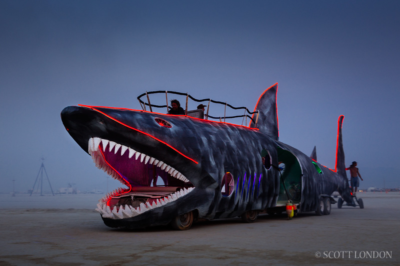 The Shark Car, an art car created by the Loadie Camp, at Burning Man 2013 (Photo by Scott London)
