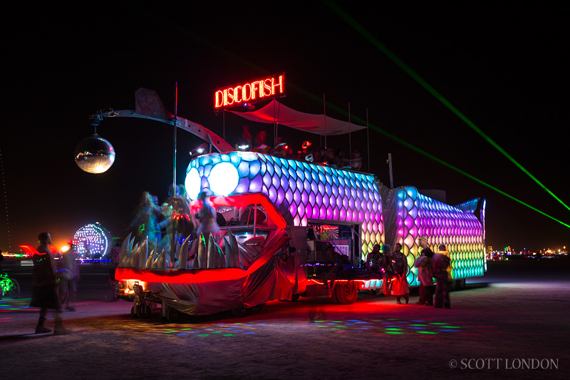 The Discofish, an art car full of shiny, sparkly people was engineered by Nuvation and blasted some of the best music on the playa at Burning Man 2013 (Photo by Scott London)