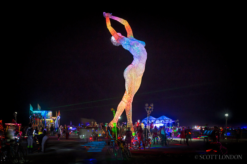 Truth is Beauty, an installation by Marco Cochrane, shimmered in a variety of colors throughout the night at Burning Man 2013 (Photo by Scott London)