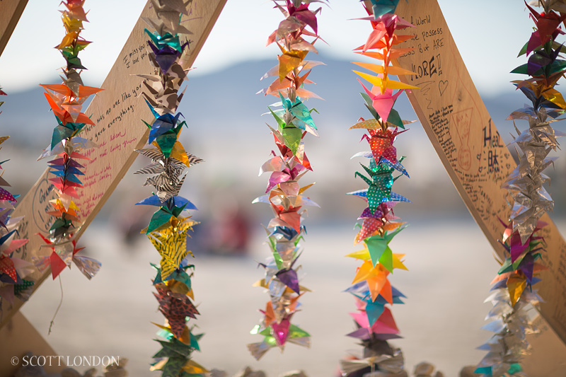 Hundreds of origami cranes at the Temple of Whollyness at Burning Man 2013 (Photo by Scott London)