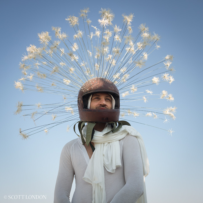 Nirvan, a four-time Burner from Los Angeles, in a hand-crafted dandelion helmet. (Photo by Scott London)