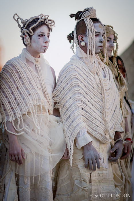 Some members of Bad Unkl Sista performance troupe doing a butoh Thursday morning at dawn at the Temple of Grace at Burning Man 2014. (Photo by Scott London)