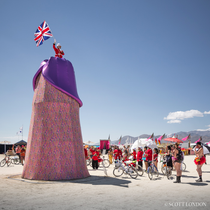 Brits claim 'Divine Masculine,' a fabulous art piece by Jack and Tres of Psychic Taxi, at Burning Man 2014 (Photo by Scott London)