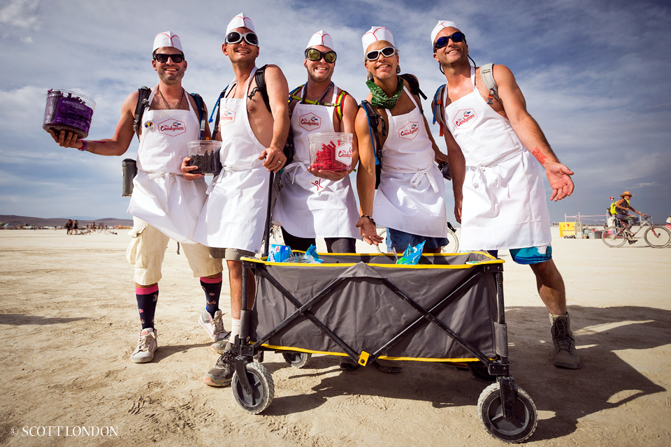 The Candymen, five enthusiastic first-timers from the Bay Area, contribute to Burning Man's gift economy by handing out licorice, gummy bears and other treats.
