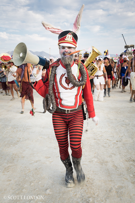 Steven Ra$pa Leads the Billion Bunny March at Burning Man 2014 (Photo by Scott London)