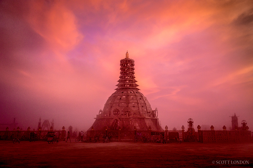 The Temple of Grace under red skies at Burning Man 2014 (Photo by Scott London)