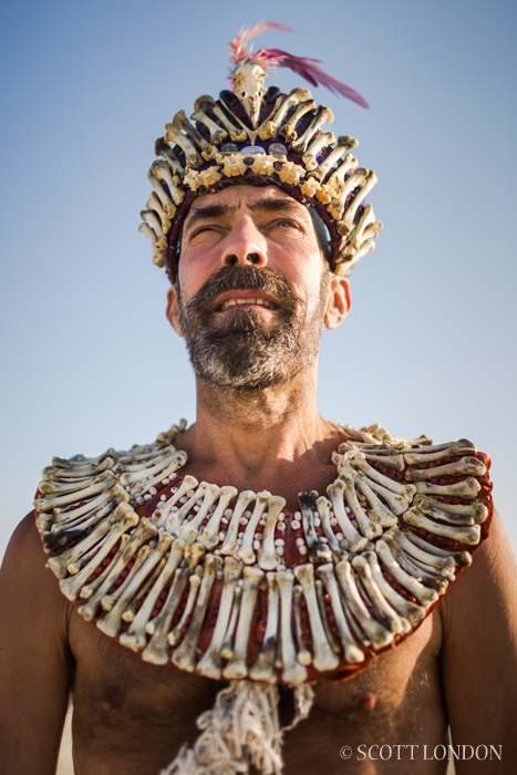 Jeffrey, a longtime Burner from Portland, Oregon, crafted an ossuary, an arrangement of bones (in this case from chickens, a seagull and a python), into a startling headpiece and breastplate. (Photo by Scott London)