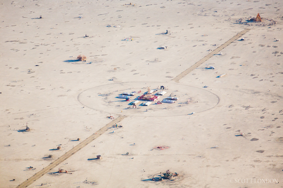 Aerial view of the Man at Burning Man 2015. (Photo by Scott London)