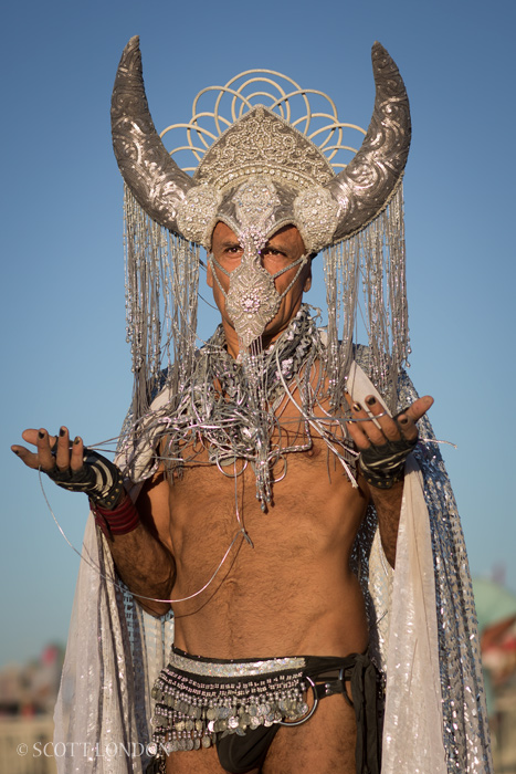 A participant in the annual Black Rock City Fashion Show at Burning Man 2015. (Photo by Scott London)