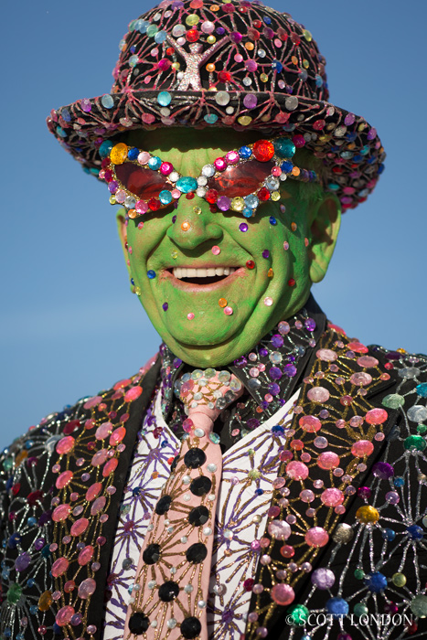 Artist and costume designer Uncle Ira wore a beaded and bejeweled suit at Burning Man 2015. (Photo by Scott London)