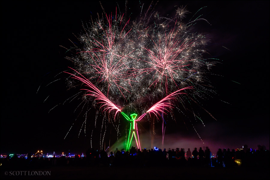 Fireworks go off before the man is burned at Burning Man 2015 (Photo by Scott London)