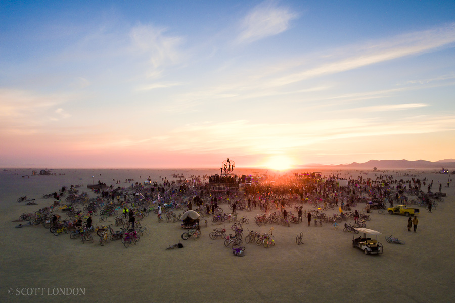 People gather for the sunrise set at Robot Heart at Burning Man 2016. (Photo by Scott London)