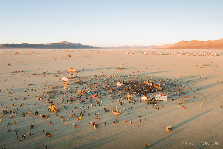 People Gather for the Sunrise Set at Robot Heart at Burning Man 2016