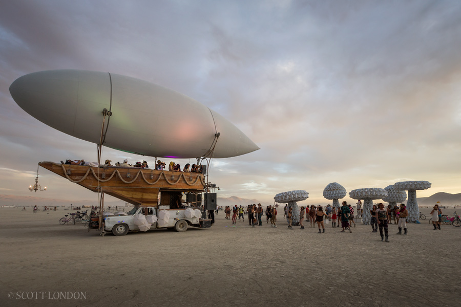 The Airpusher Collective's Airship art car gets a party going at the Shrumen Lumen installation at Burning Man 2016. (Photo by Scott London)
