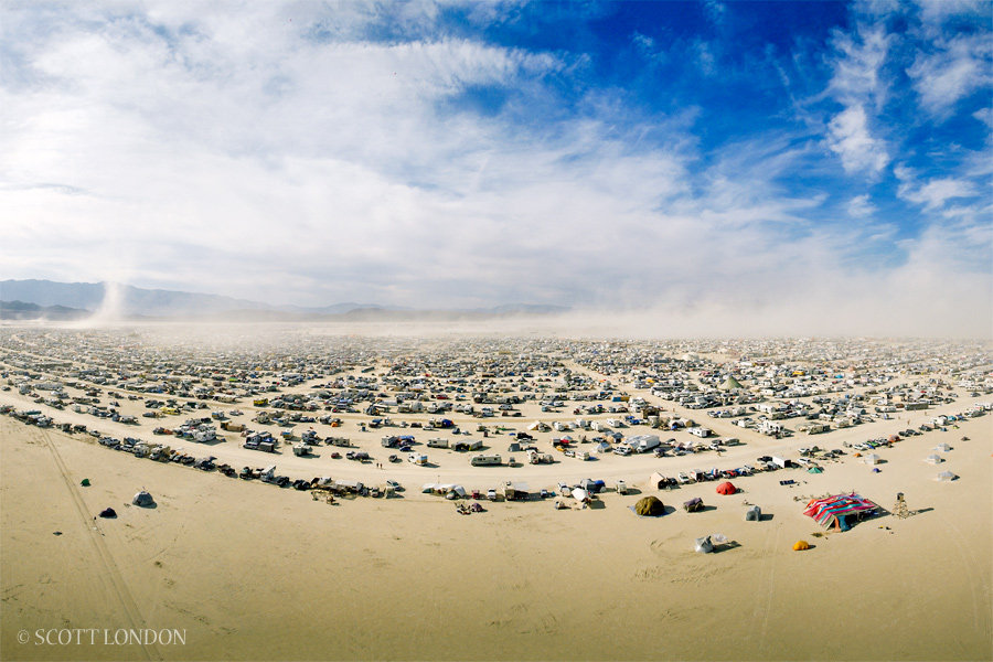 A birds-eye view of the interior of Black Rock City, site of Burning Man 2016. (Photo by Scott London)