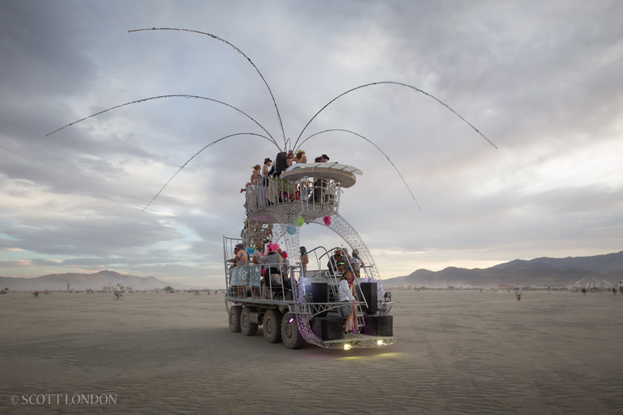 An art car glides across the playa at Burning Man 2016. (Photo by Scott London)