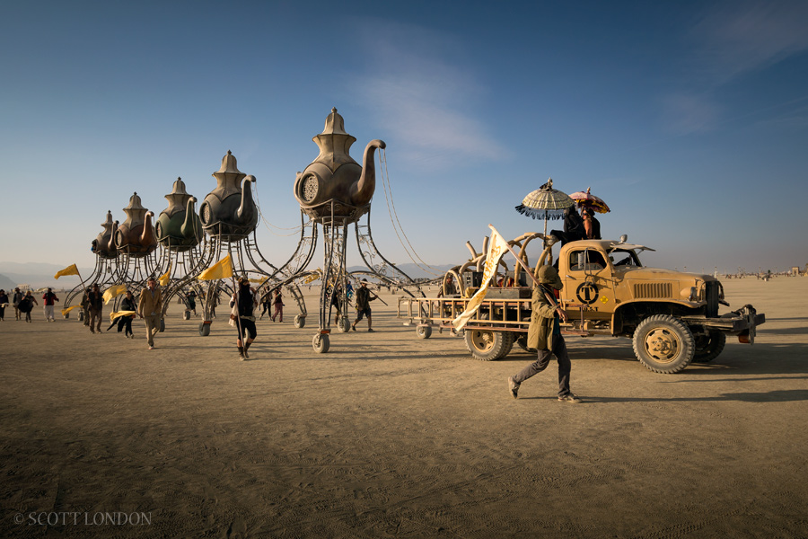 The Lost Tea Party, an art installation on wheels by Wreckage International at Burning Man 2016. (Photo by Scott London)