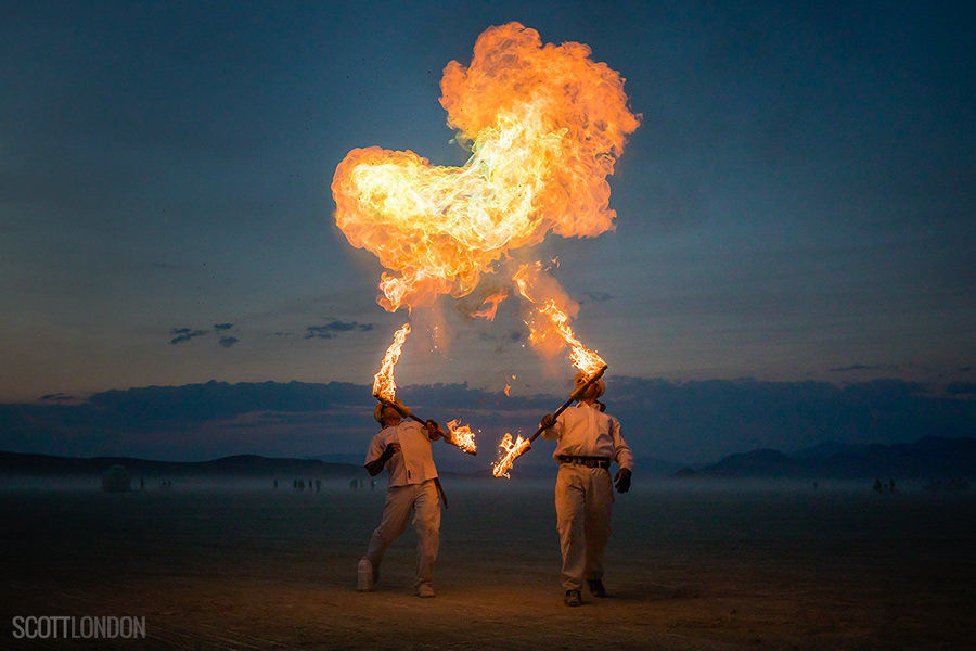 Organic Pyrotechnic's Justin Agaricus Lebrun and Ian Plimmer put on a show at Burning Man 2017