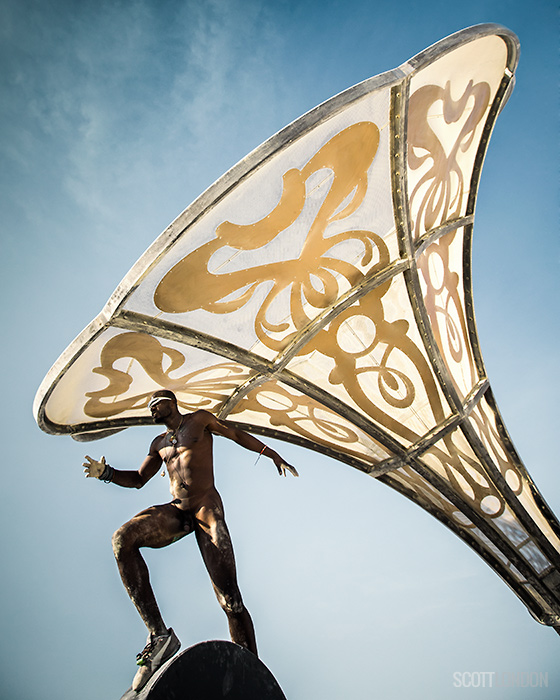 Artist Wusu atop La Victrola, an installation at Burning Man 2017. (Photo by Scott London)