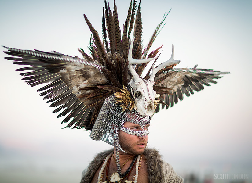 Robert in a headpiece by designer Darrell Thorne at Burning Man 2017. (Photo by Scott London)