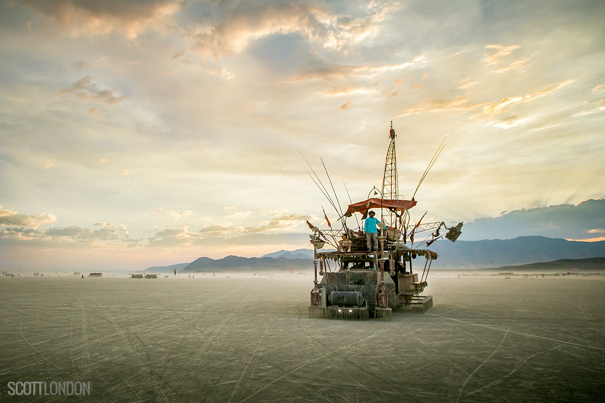 A mutant vehicle at sunset at Burning Man 2017. (Photo by Scott London)