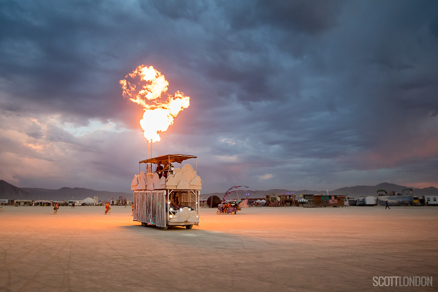 An art car shoots fire at Burning Man 2017. (Photo by Scott London)