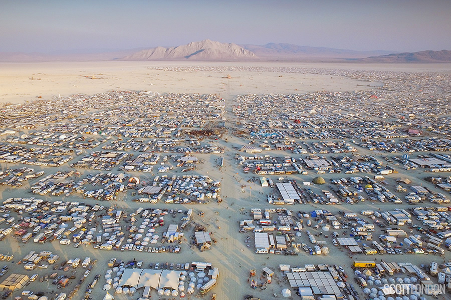 An aerial view of Distrikt and other landmarks in the 9 o'clock neighborhood of Black Rock City 2017. (Photo by Scott London)
