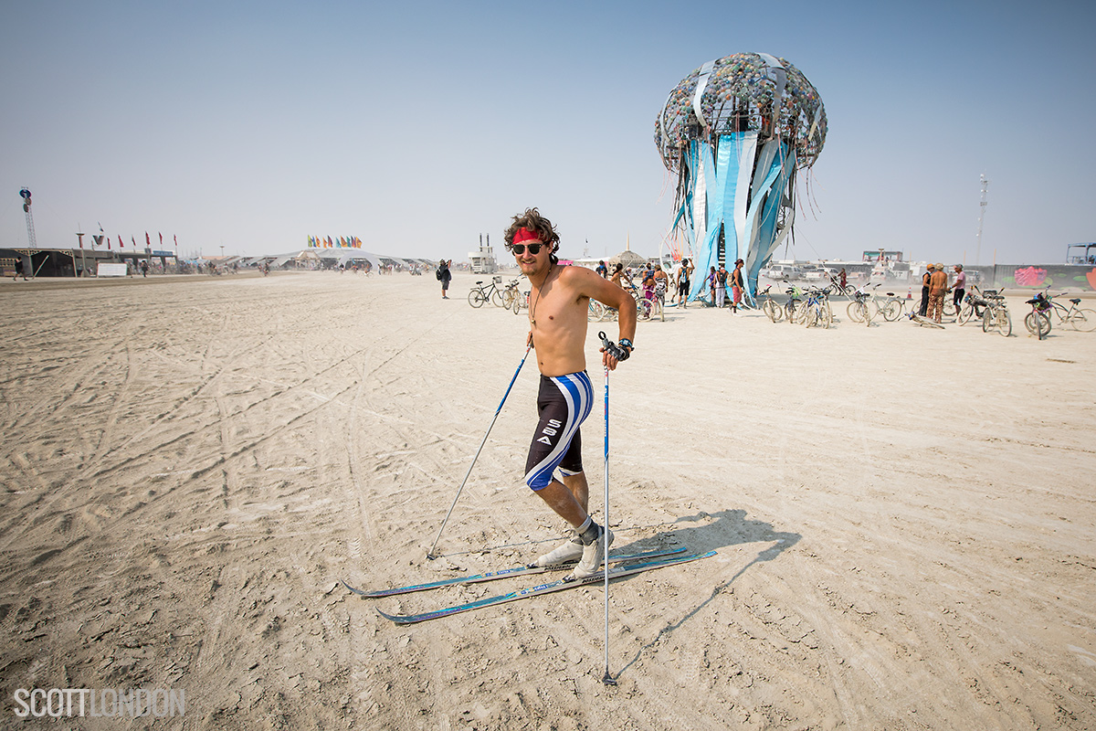 A man on skis at Burning Man 2017. (Photo by Scott London)