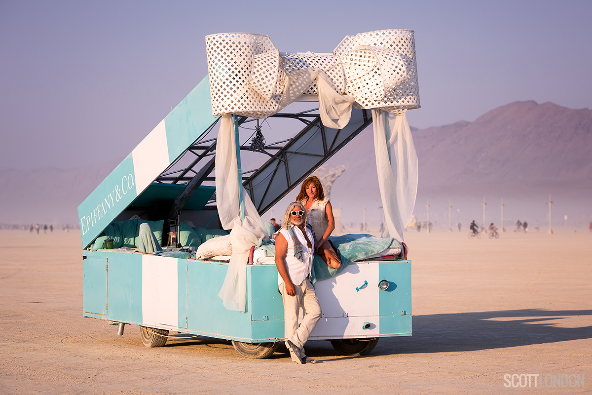Jeremy and Jazzy with their Epiffany Box art car at Burning Man 2017. (Photo by Scott London)