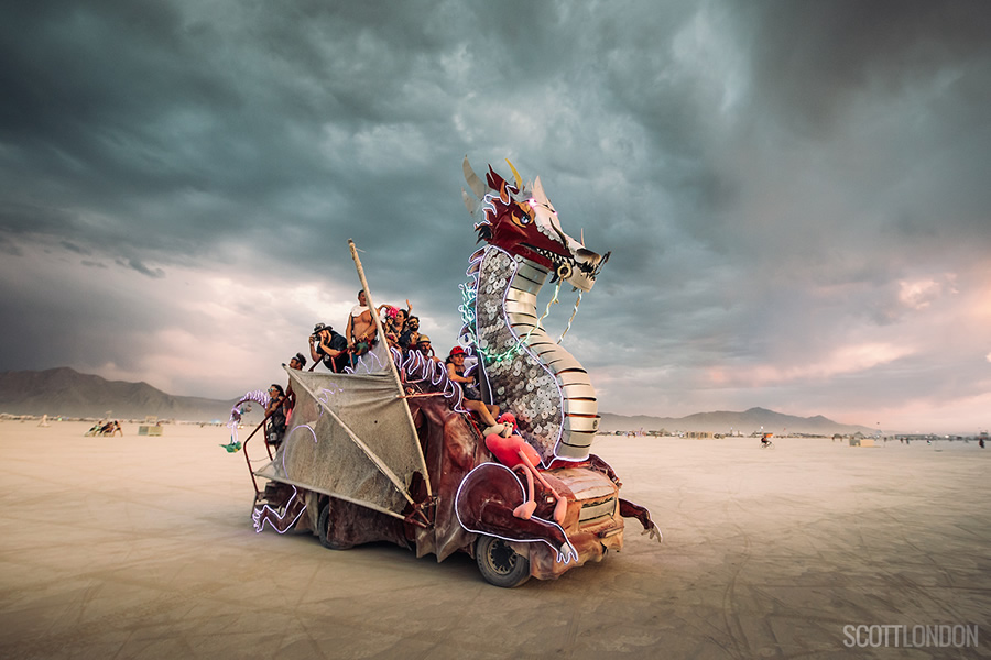 The Playa Torch, a dragon art car by David Cox, at Burning Man 2017. (Photo by Scott London)