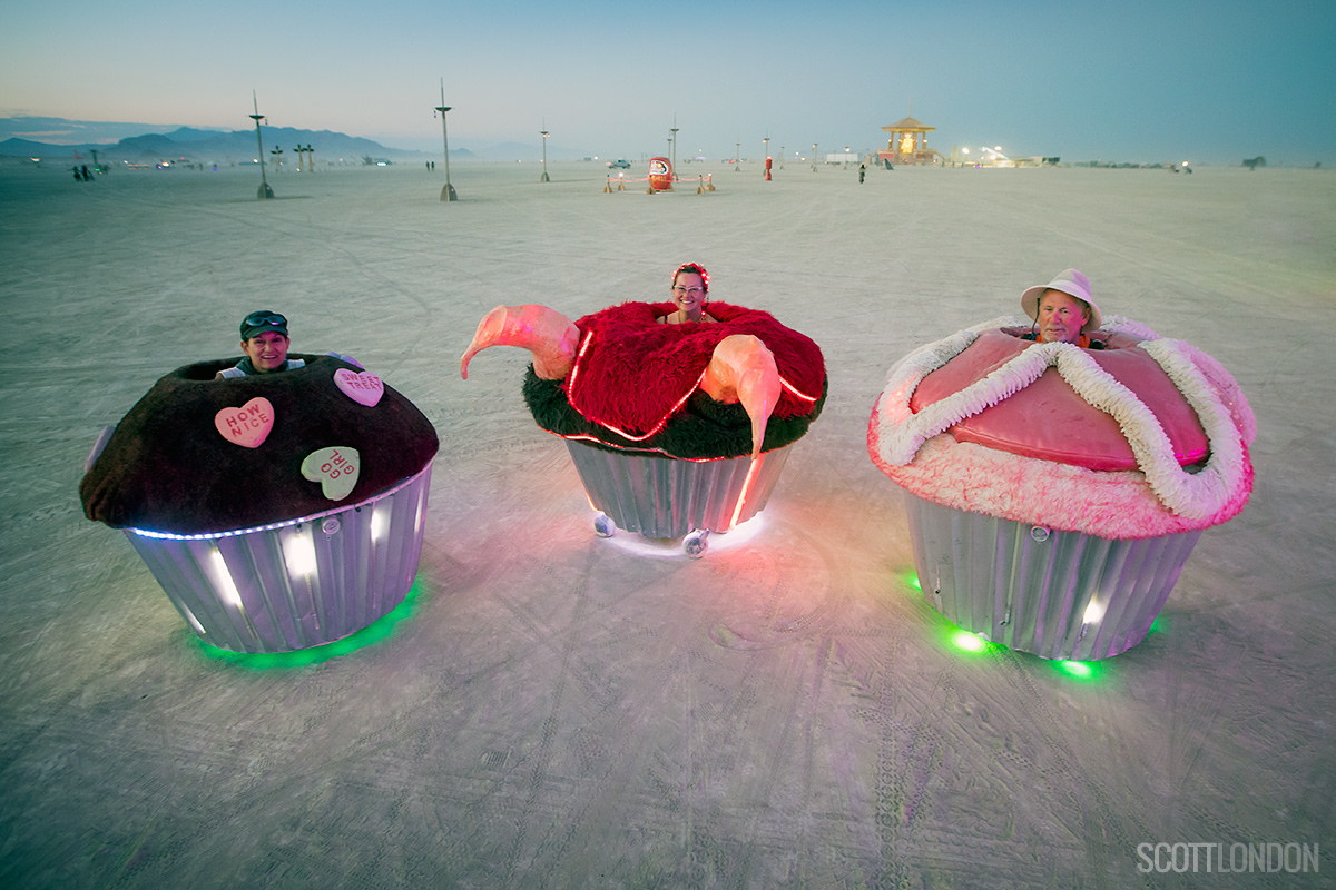 Three art cars in the form of cupcakes at Burning Man 2017. (Photo by Scott London)