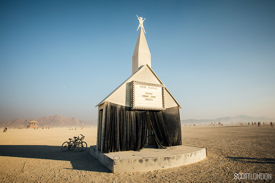 'Now Playing: Stage Your Own Death,' a conceptual art installation at Burning Man 2017. (Photo by Scott London)