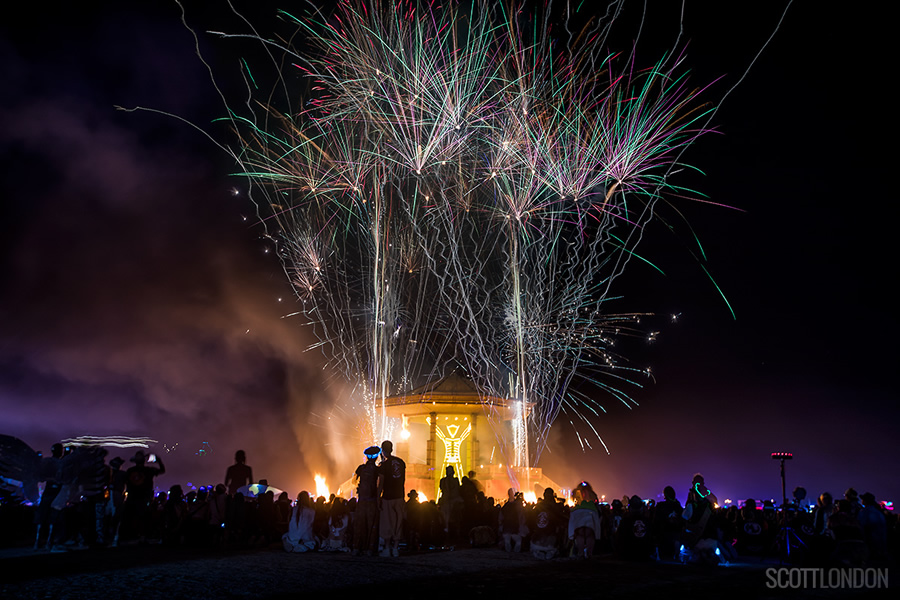 Fireworks go off before the man is burned at Burning Man 2017. (Photo by Scott London)