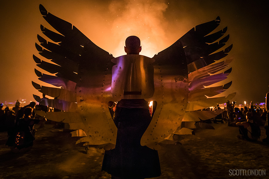 The Man burns before a crowd of tens of thousands on the penultimate night of Burning Man 2017. (Photo by Scott London)