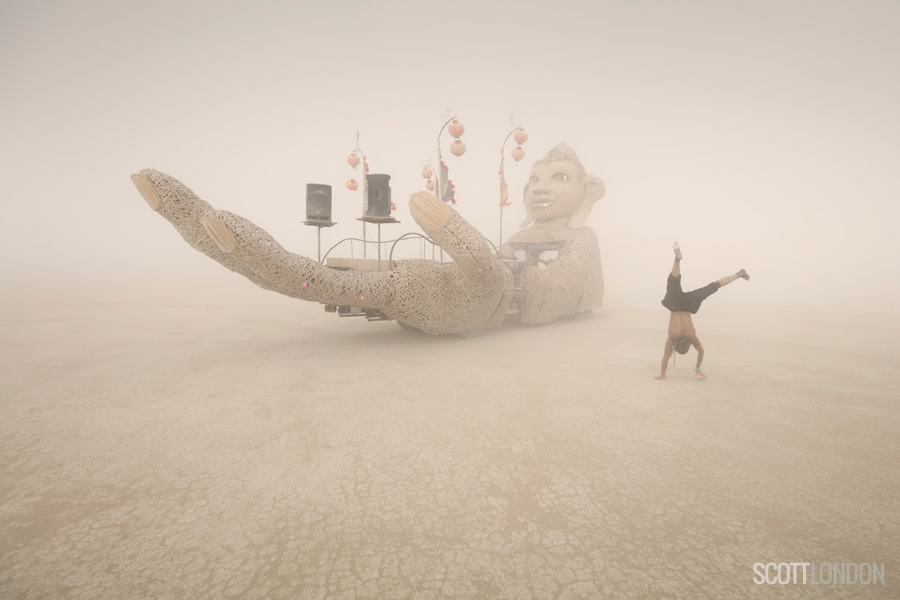 The Zulai art car, also known as the Hand of Buddha, a creation of the Mazu camp, at Burning Man 2018. (Photo by Scott London)