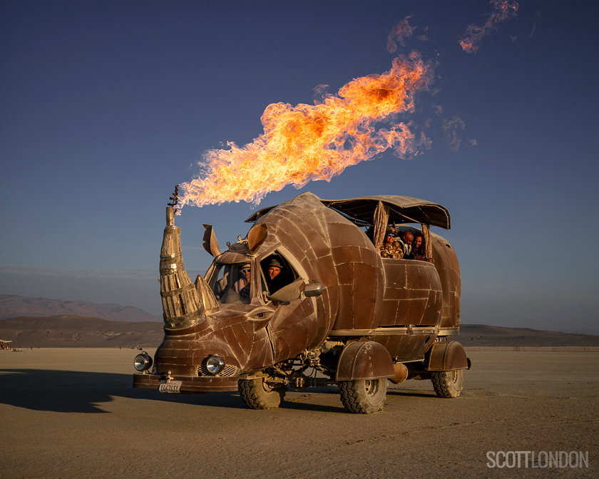 Rhino Redemption, an art car by Petaluma artist Kevin Clark at Burning Man 2018. (Photo by Scott London)