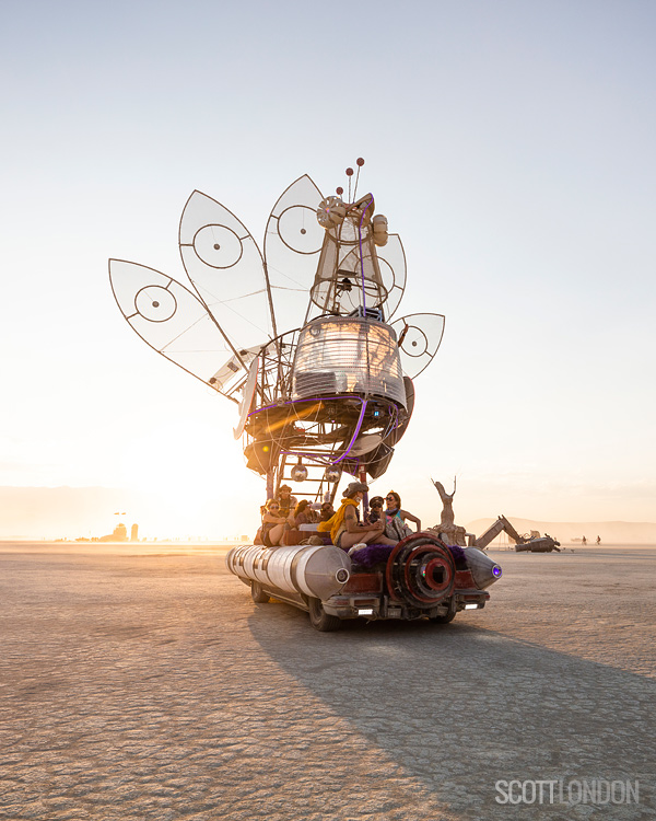 The Giant Peacock Car at Burning Man 2018. (Photo by Scott London)