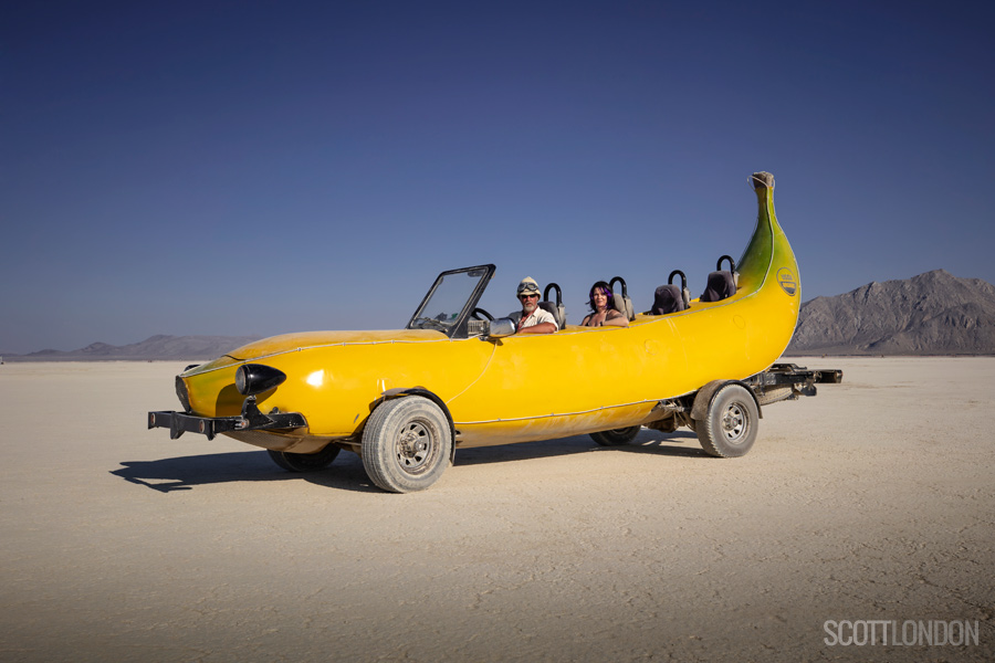 Steve and his Big Banana Car at Burning Man 2018. (Photo by Scott London)