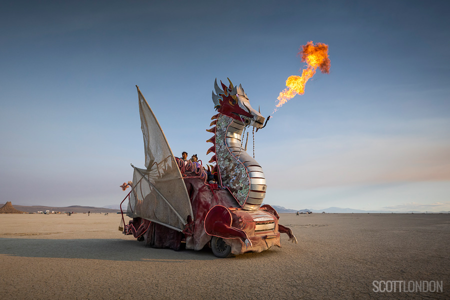The Playa Torch, a metal dragon art car, shoots flames at Burning Man 2018. (Photo by Scott London)