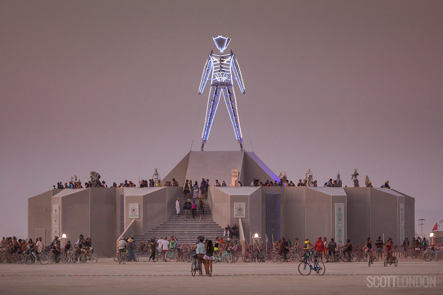 The Man stands tall atop the Pavilion at Burning Man 2018. (Photo by Scott London)