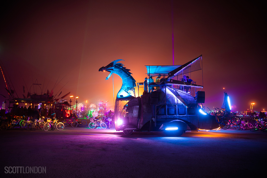Heavy Meta, a fire-shooting metal dragon art car at Burning Man 2018. (Photo by Scott London)