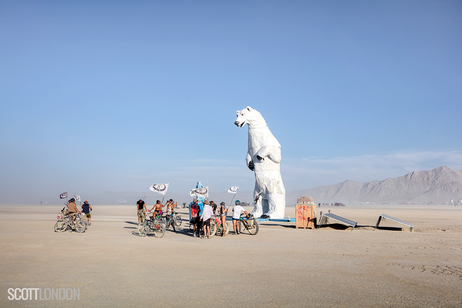 Long View, a 34-foot polar bear created from scrapped car hoods, was one of the most talked-about art installations at Burning Man 2018. It was created by Santa Fe artist Don Kennell and Arctic Burn 505. (Photo by Scott London)
