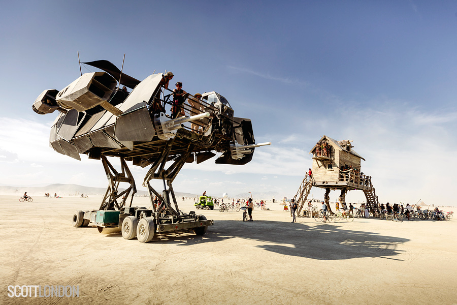 Icarus, a high-flying mutant vehicle, and Baba Yaga's House, an art installation by Jessi Sprocket, at Burning Man 2018. (Photo by Scott London)