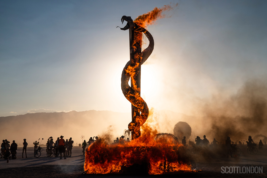 Hippocrisy, an installation by Salt Lake City artist Amy Bliss, goes up in flames at Burning Man 2018. (Photo by Scott London)
