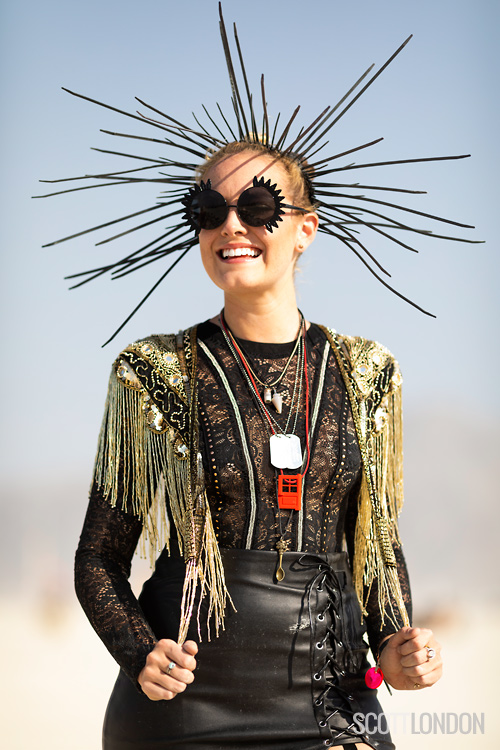 Catnip, a Burner wearing a fancy home-made zip-tie tiara at Burning Man 2018. (Photo by Scott London)
