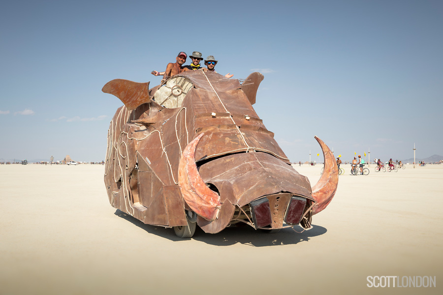 The Boss Hog, a mutant vehicle in the shape of a warthog or African wild pig, at Burning Man 2018. (Photo by Scott London)