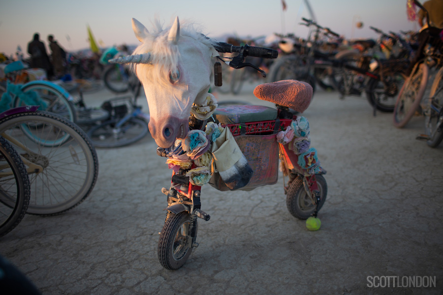A sparkle pony scooter parked at Robot Heart at Burning Man 2018. (Photo by Scott London)