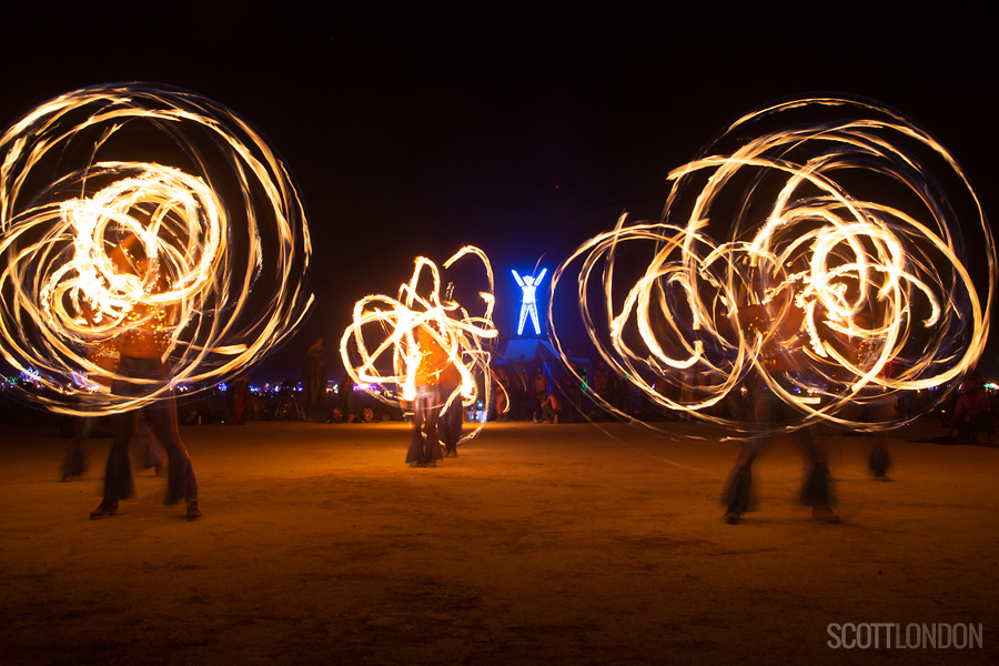 Performers from the Los Angeles fire troupe Hellfire Society put on a show as part of the fire conclave at Burning Man 2018. (Photo by Scott London)