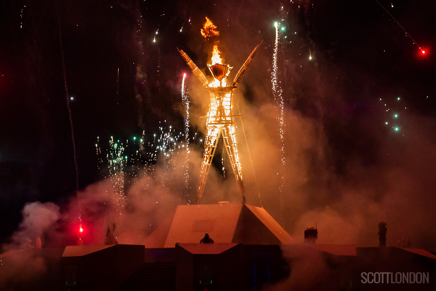 The Man goes up in flames at Burning Man 2018 (Photo by Scott London)